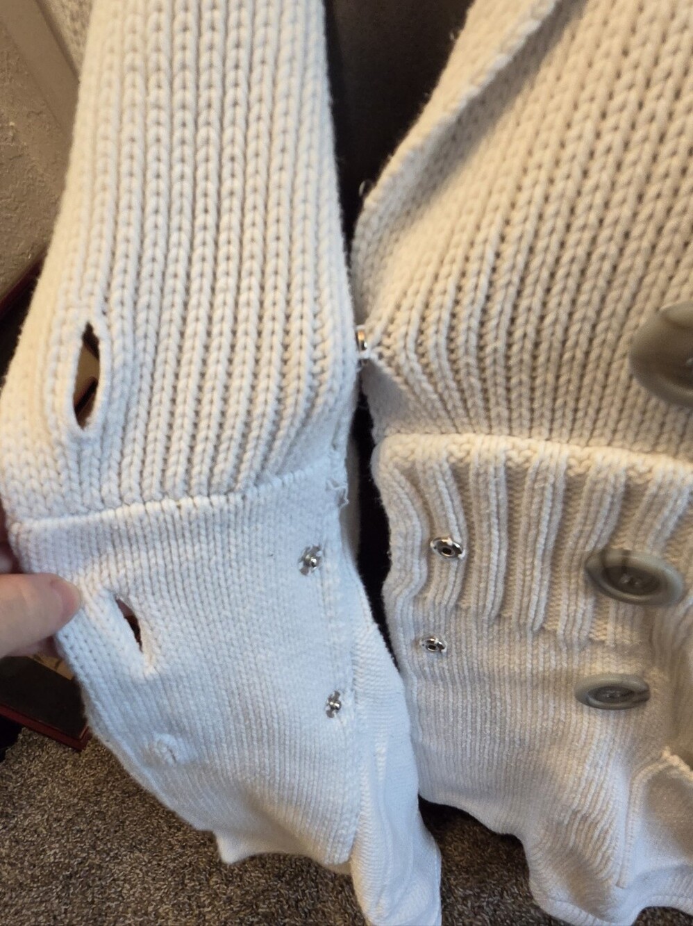 "if it were me" White Knit Button Cardigan Hoodie Gray Stripe Sleeves SzL - Picture 3 of 6